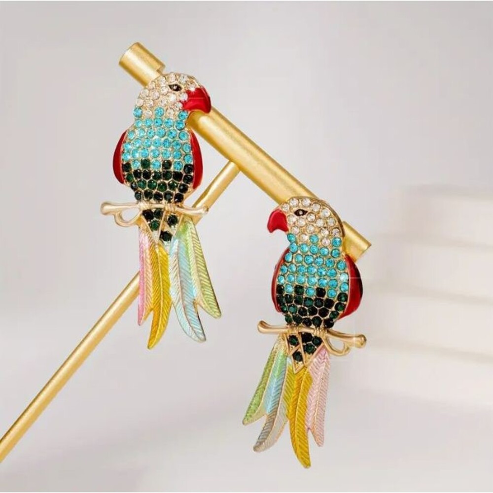 Gold & Rhinestone Parrot Bird Colorful Earrings Blue Green Tail Feathers